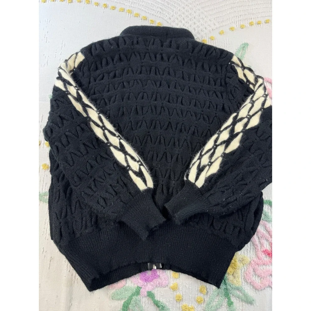 Vintage Rochelle California Black White Geometric Angora Wool Zip Cardigan Large